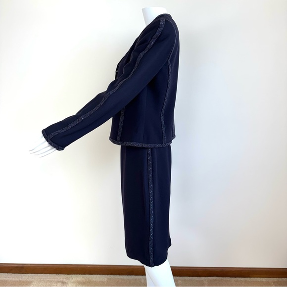 Louis Feraud 100% Silk Black Label Navy Blue Skirt Set Beaded Beads Embroidered - Picture 3 of 17